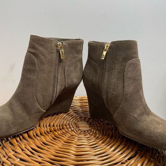 Tory Burch Womens Milan Wedge Ankle Booties Brown 8 M Suede Leather Buckle - Picture 6 of 10